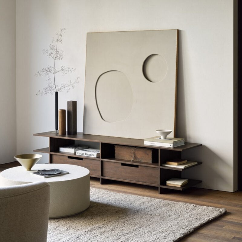 Wide teak tv stand with two drawers and open shelves