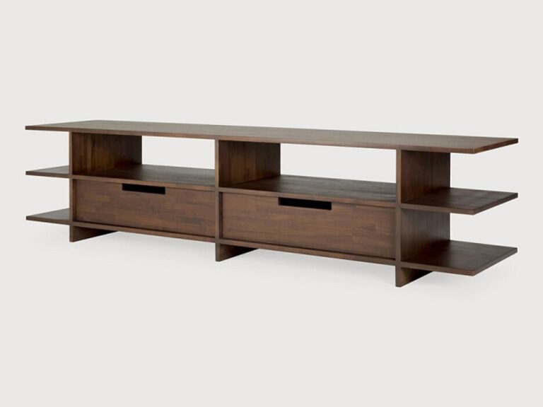 Wide teak tv stand with 2 drawers