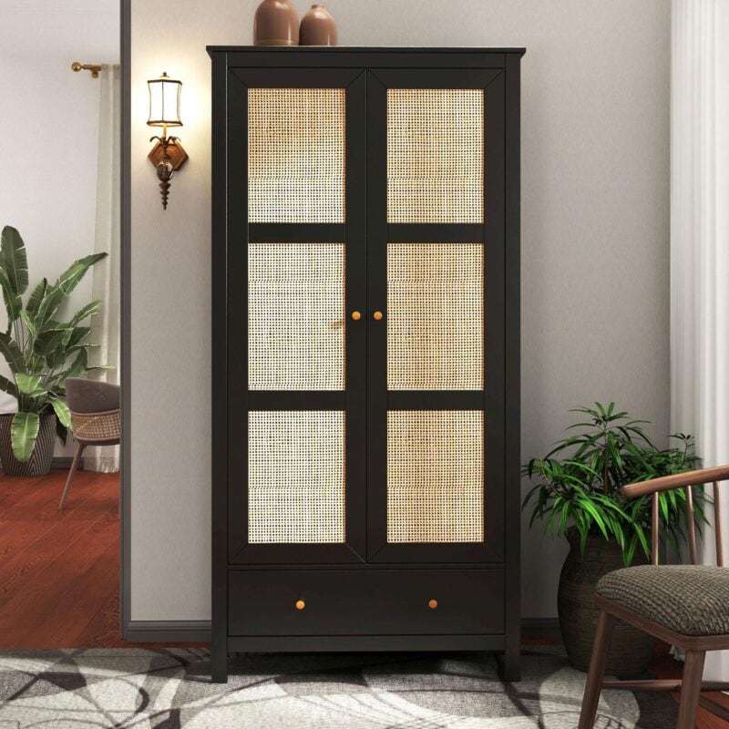 Black 2-door wardrobe with rattan panels