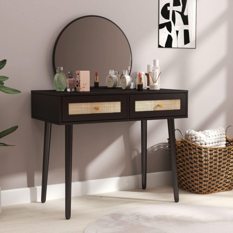 Black 2-drawer dressing table with rattan panels