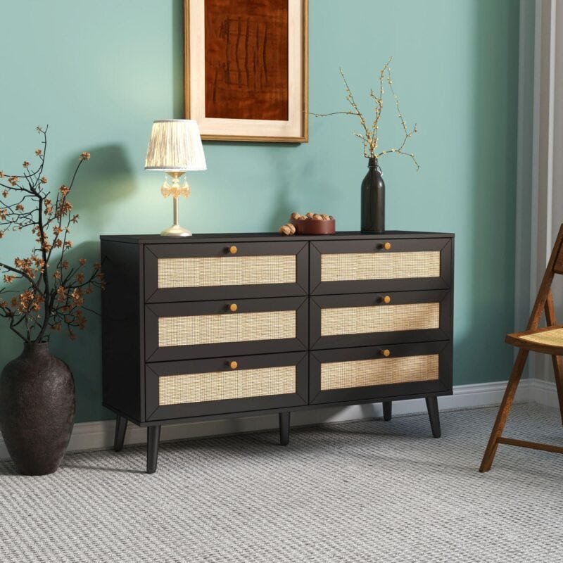 Black 6 drawer chest with rattan panel detailing