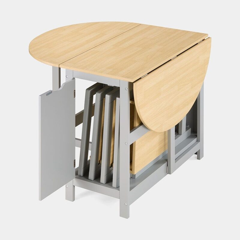 Folding dining table with chairs stored within