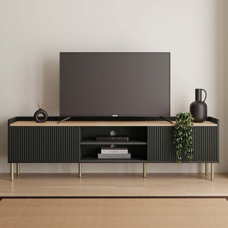 Black extra wide tv stand with ribbed doors