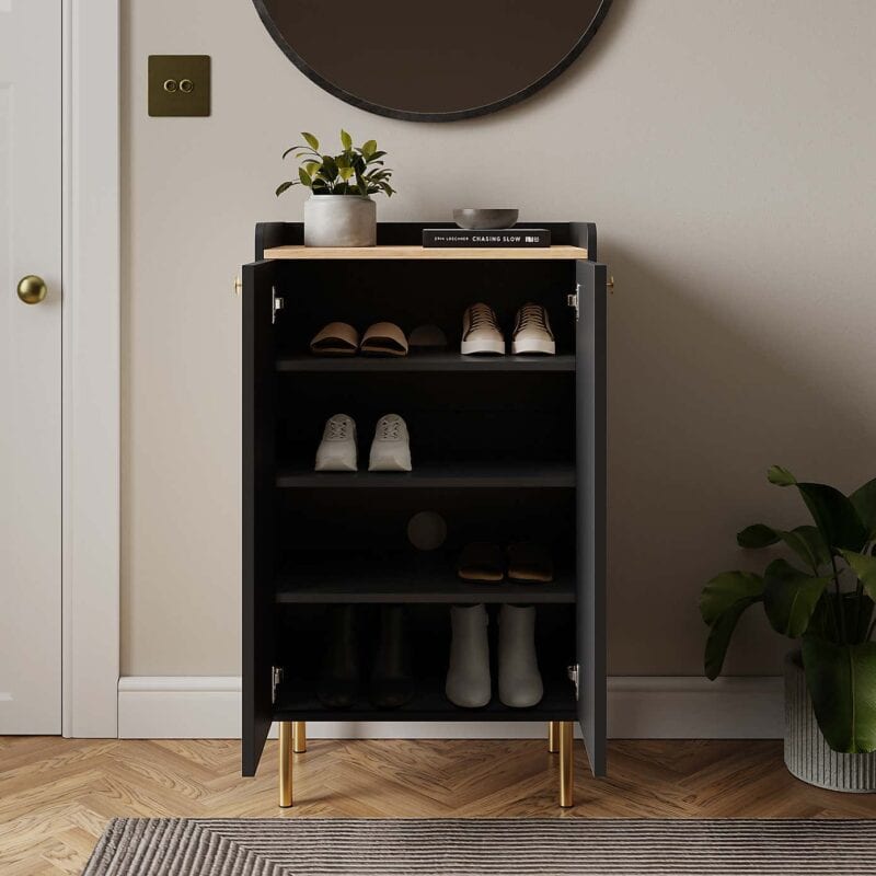 Black hallway storage cupboard with 4 shelves