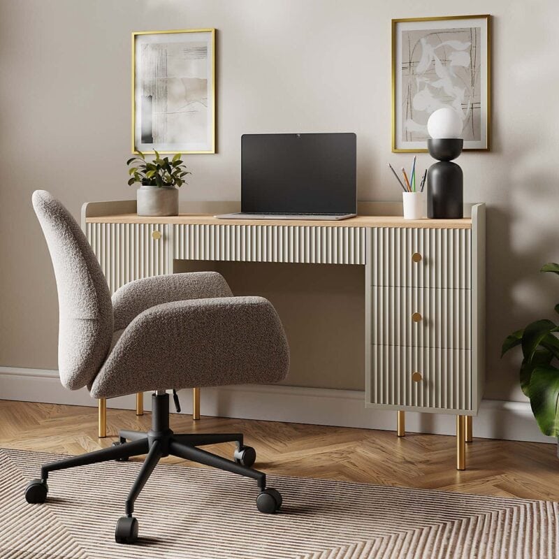 Natural finish ribbed desk with 3 drawers and a cupboard