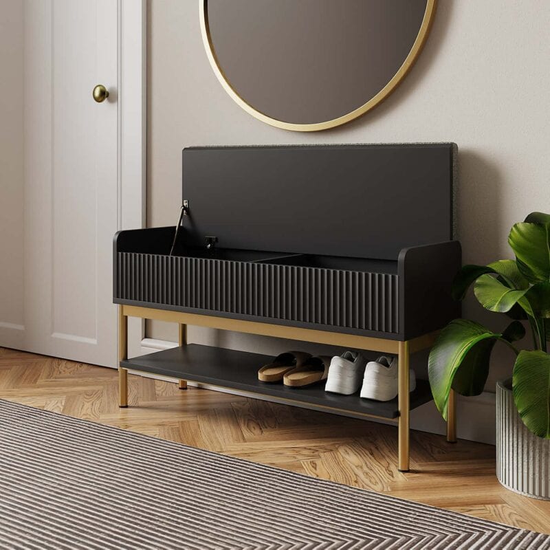 Black hallway storage bench