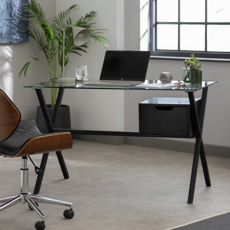 Black metal frame desk with single drawer and clear glass top