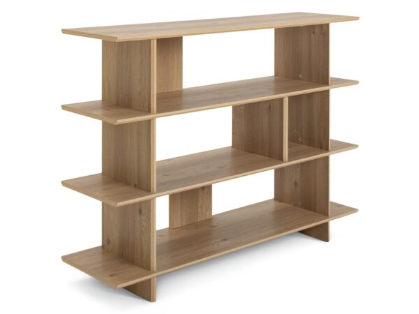 4-tier oak bookcase with divided shelves