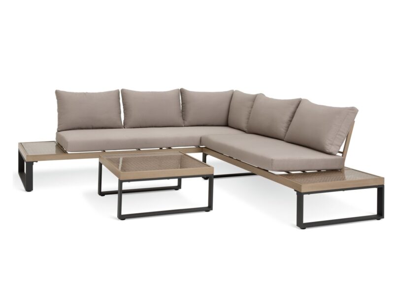 Outdoor corner sofa with metal frame and light brown cushions