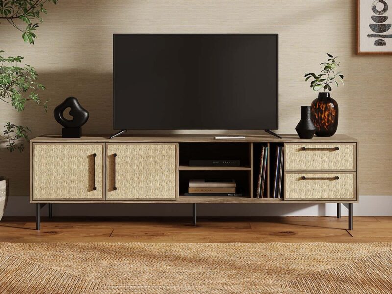 Wide oak finish tv stand with rattan finish doors and drawer fronts