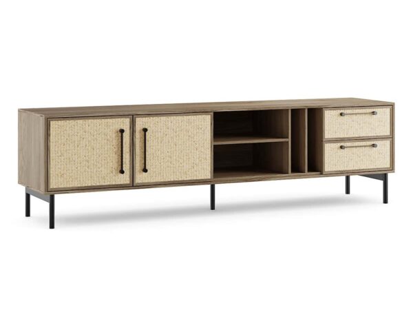 Wide tv unit with rattan effect doors and drawers