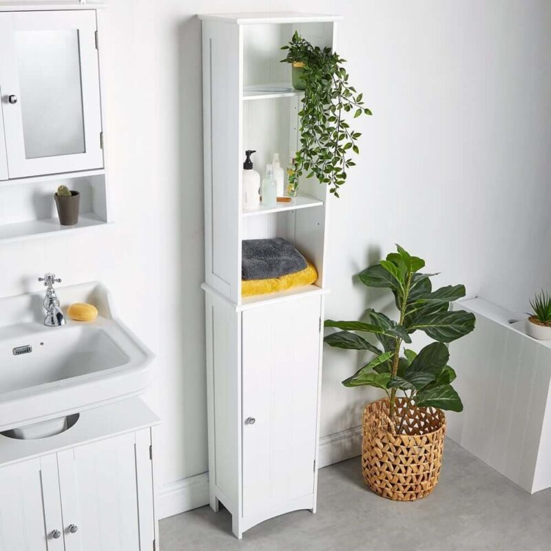 White tallboy bathroom cabinet