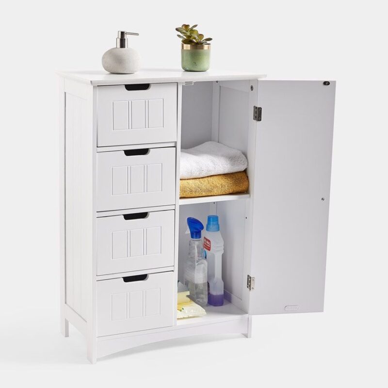 White bathroom floor cabinet with cupboard and 3 drawers