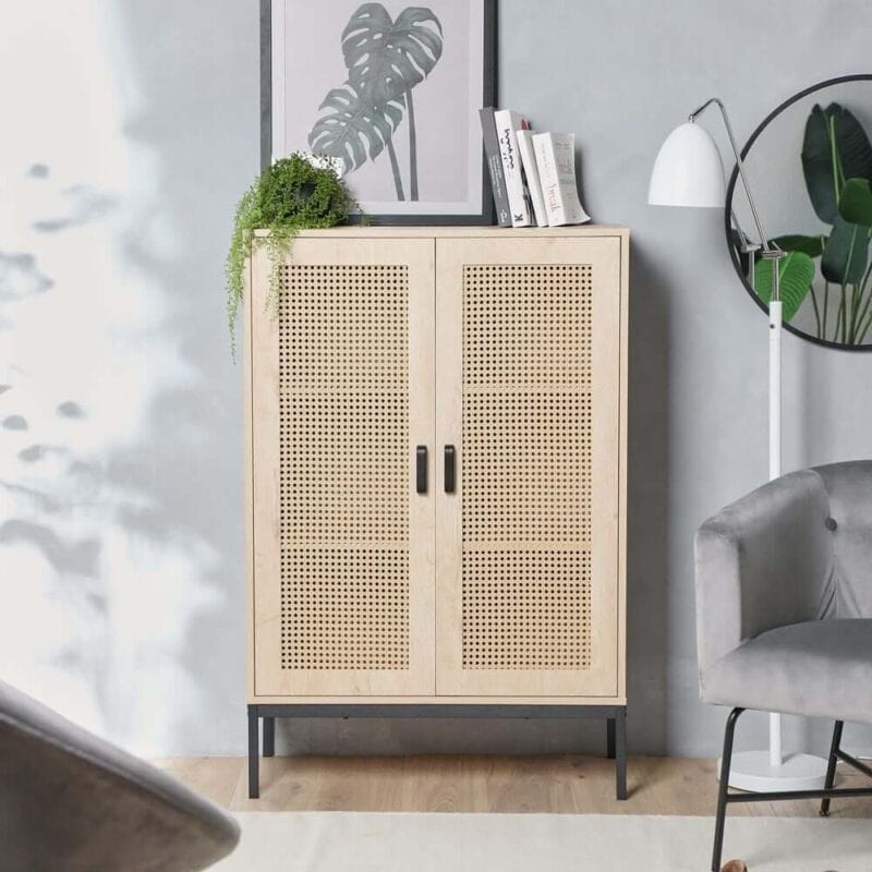 Natural wood finish tall sideboard with 2 rattan panel doors and black metal legs