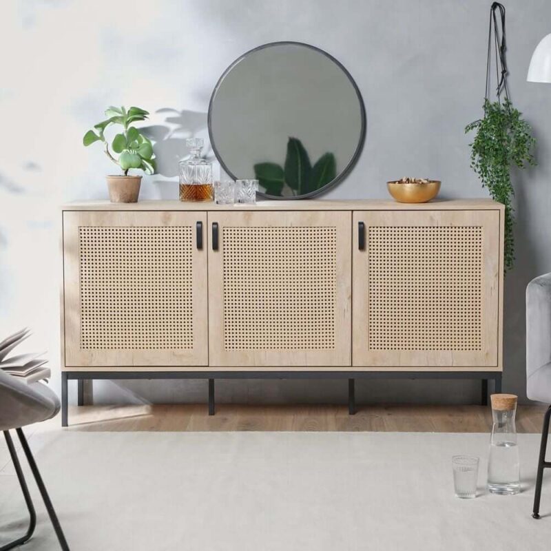 Wide wood finish sideboard with 3 rattan panel doors