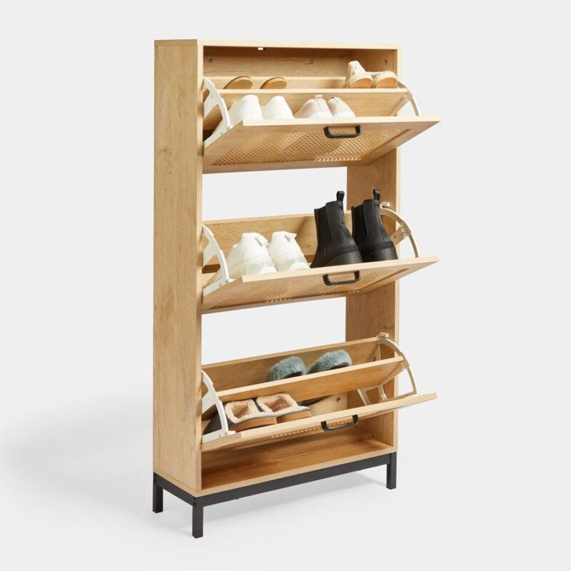 3-tier shoe storage unit with an oak fish surround and 3 rattan panel doors - mounted on black metal legs