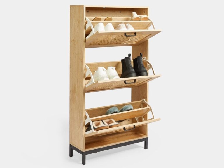 3-tier oak and rattan shoe storage unit