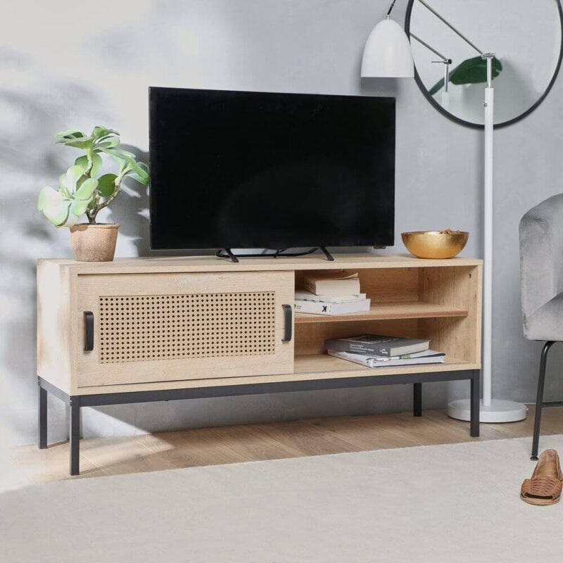 Wood finish TV unit with a pair of sliding rattan panel doors