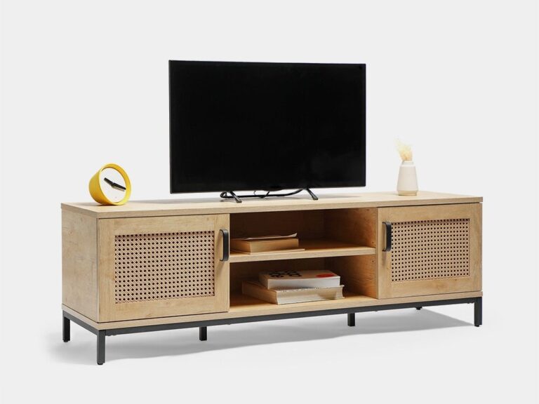 Wood finish tv unit with two rattan doors