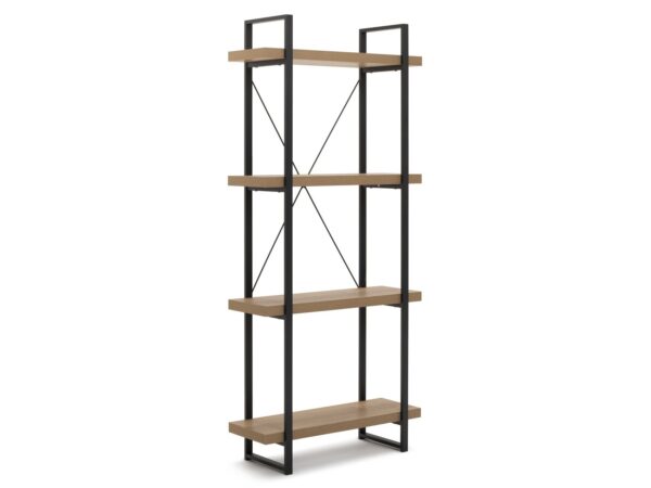 Tall metal and oak shelving unit