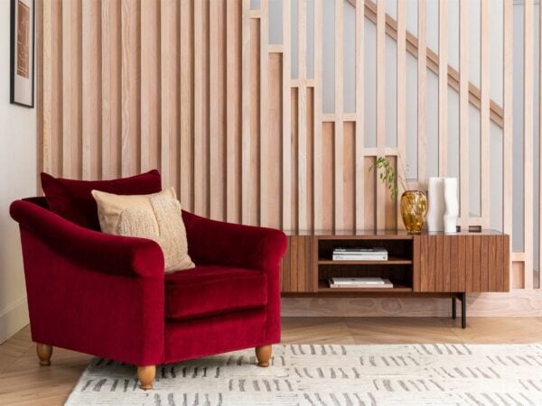 Walnut tv stand with slatted pattern doors