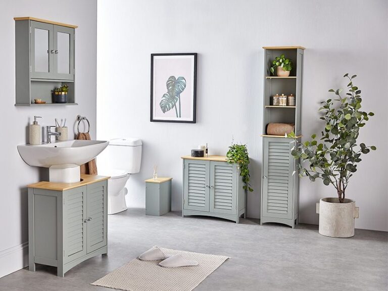 Grey-painted bathroom units with oak trim