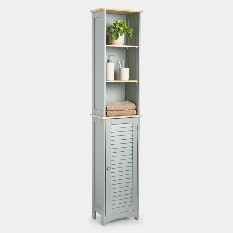 Grey-painted bathroom tallboy
