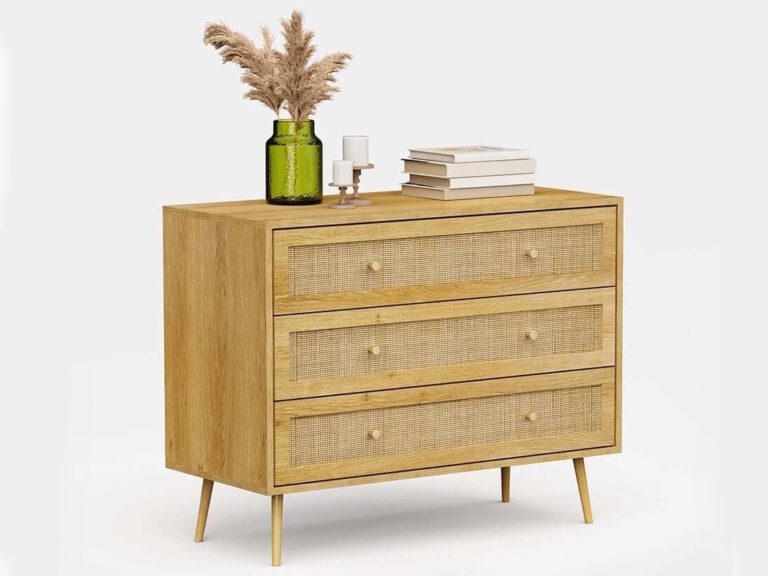 Natural wood finish drawer chest with rattan fronts