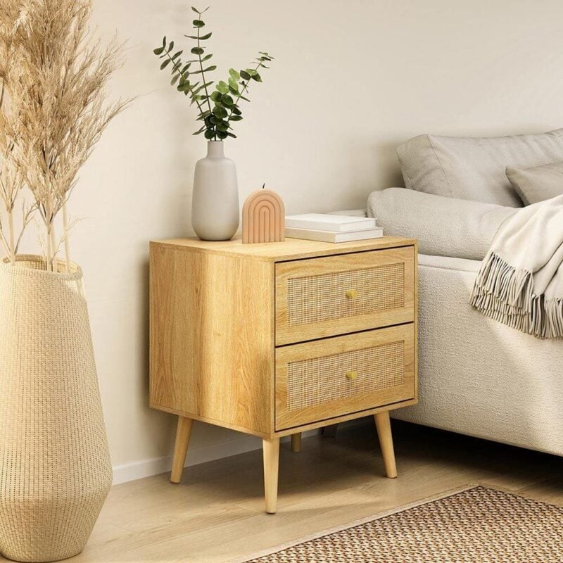 Natural wood finish bedside table with a pair of rattan front drawers