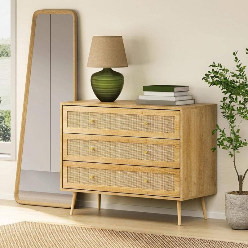 Natural finish chest with 3 rattan drawers