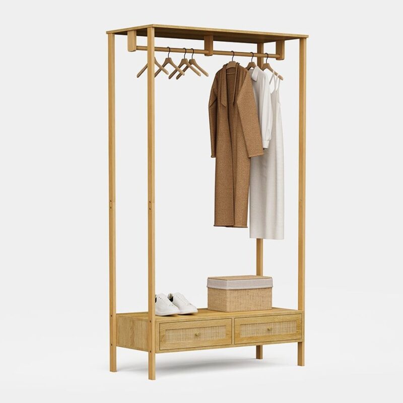 Natural wood finish open wardrobe with hanging rail and two rattan drawers