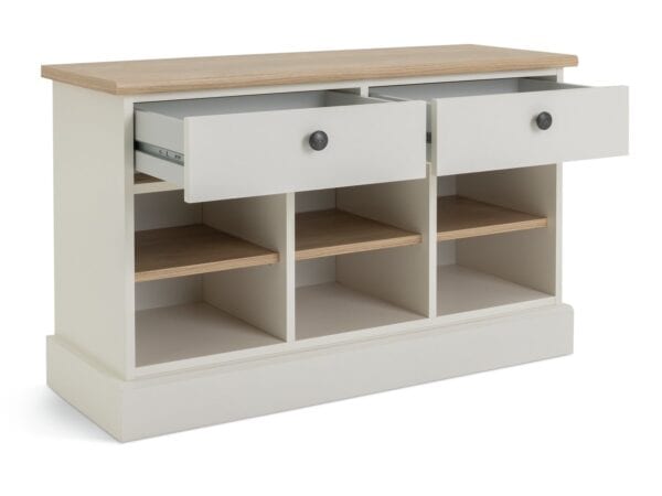 Cream shoe storage bench with two drawers