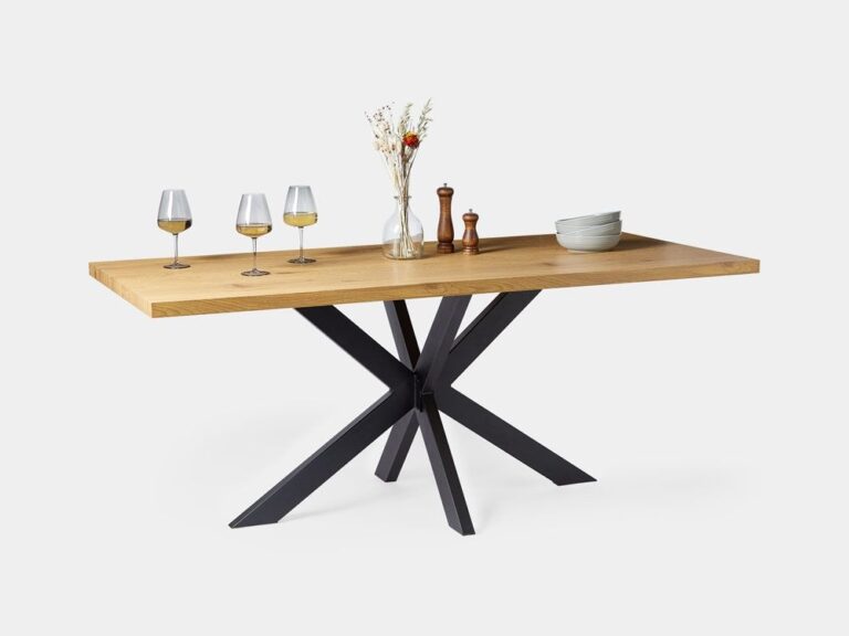 Oak effect dining table with black cross legs