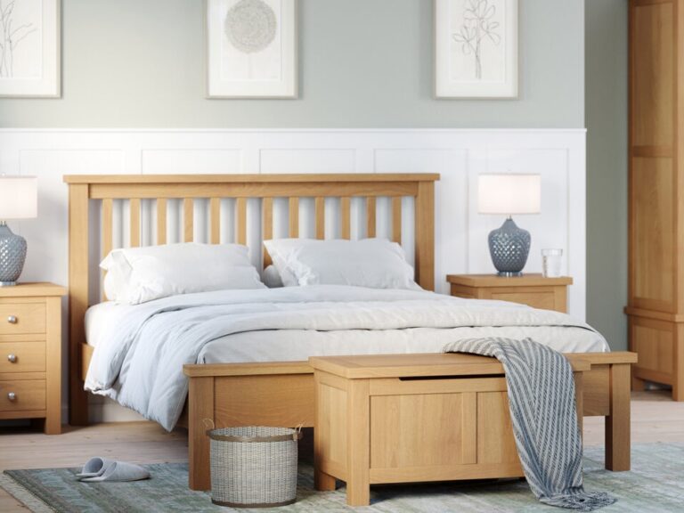 Oak bed frame with slatted headboard
