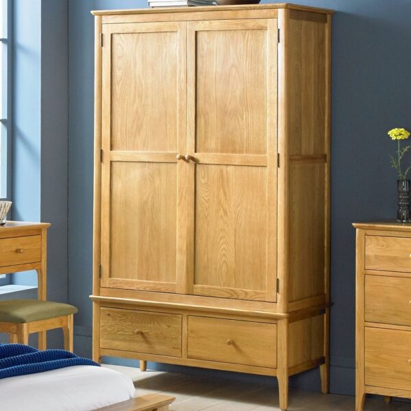Oak 2-door, 2-drawer wardrobe with wax finish