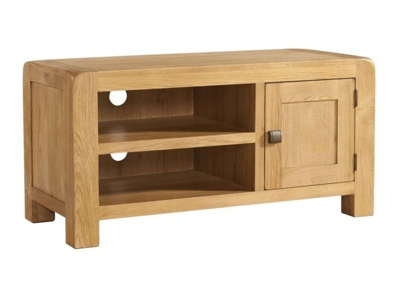 Oak tv stand with 2 open shelves and single cupboard door