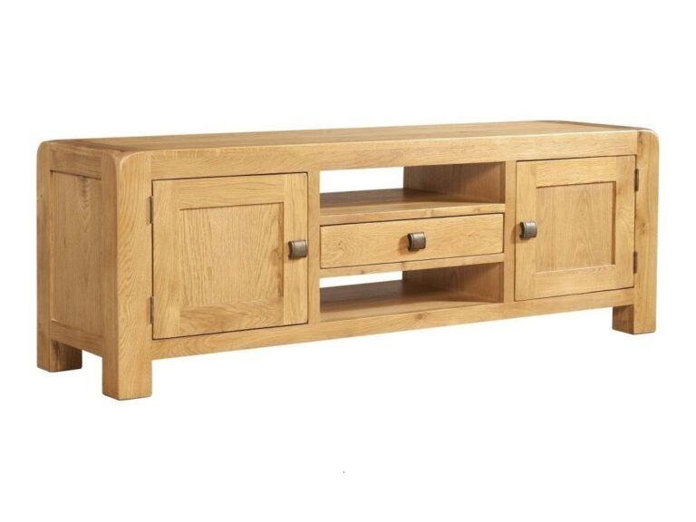 Wide oak tv stand with two open shelves, a single door and 2 cupboard doors