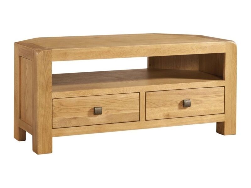 Oak corner tv stand with open shelf and 2 drawers