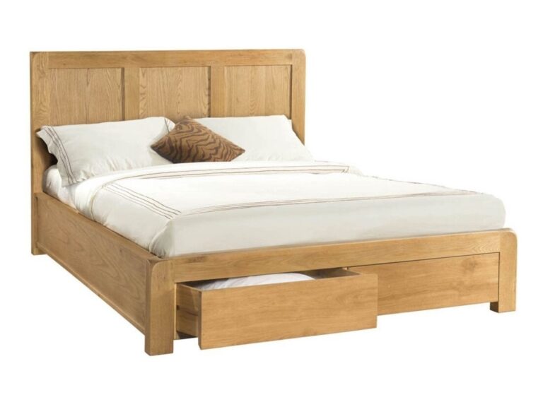 Oak bed frame with 2 storage drawers and large panelled headboard