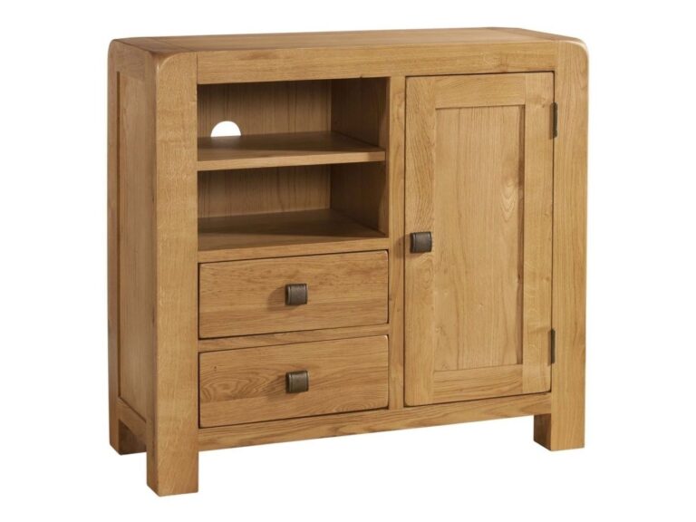 Oak media sideboard with single door, 2 drawer and 2 open shelves