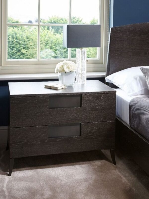 2-drawer bedside table with a dark charcoal stained finish