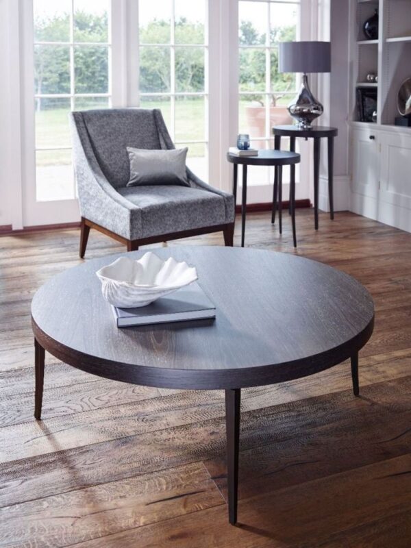 Round charcoal stained coffee table