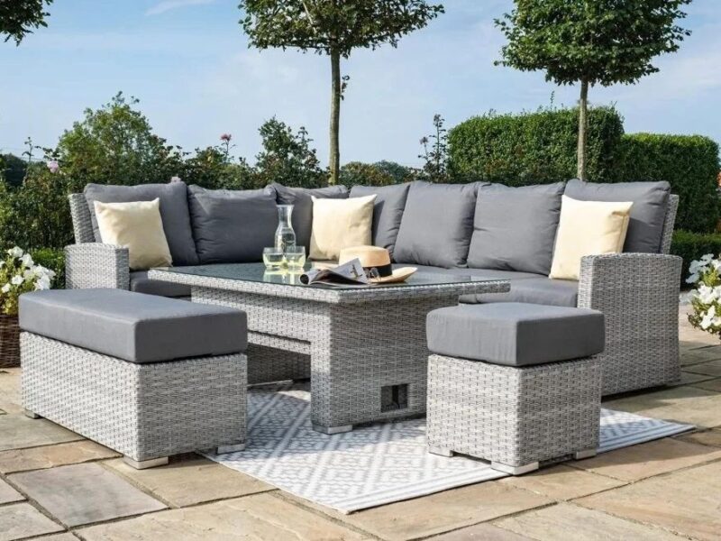 Rattan corner set with stool, bench and rising coffee table
