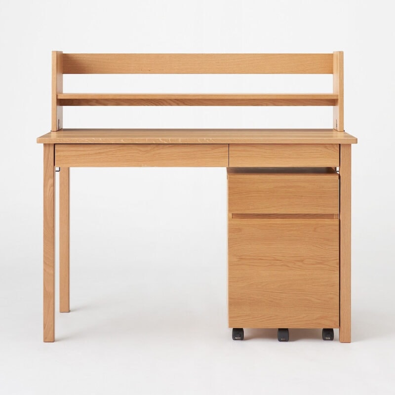 Oak desk with storage cabinet and shelf