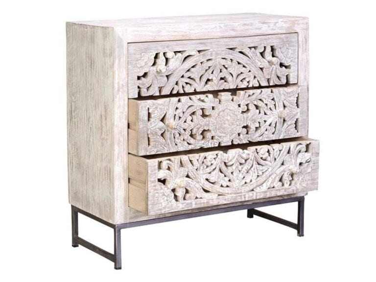 Carved Mango Drawer Chest with a White Wash Finish