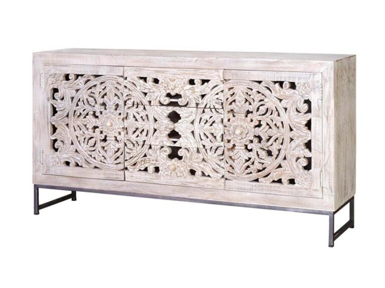 Whitewashed mango wood sideboard with carved pattern doors