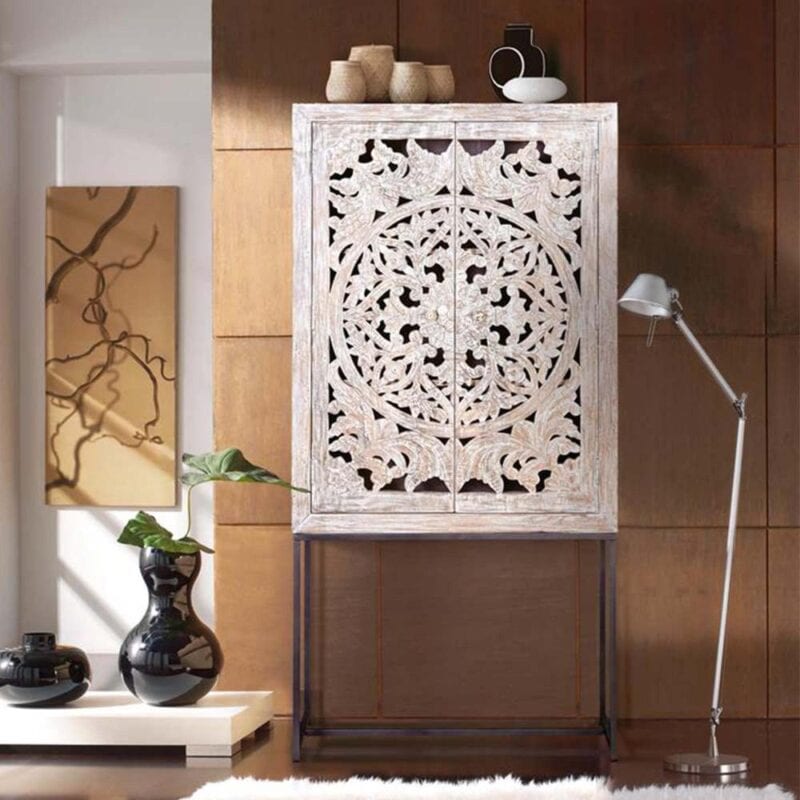 2-door whitewashed mango highboard with carved pattern finish