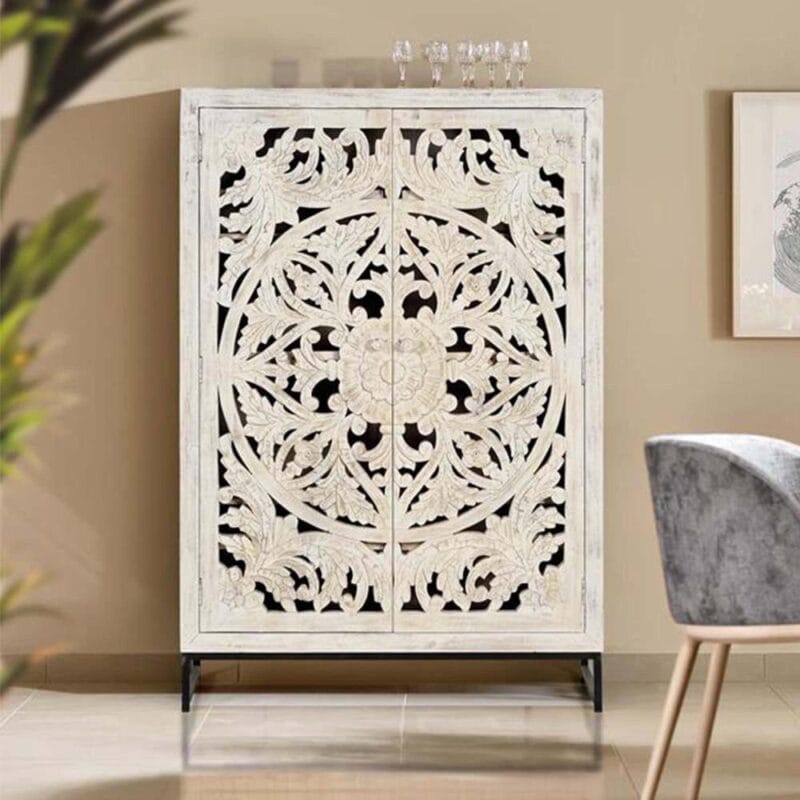 2-door whitewash mango cupboard with carved pattern doors
