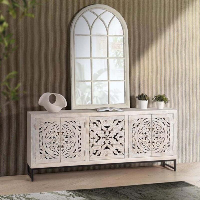 Wide 4-door whitewashed mango sideboard