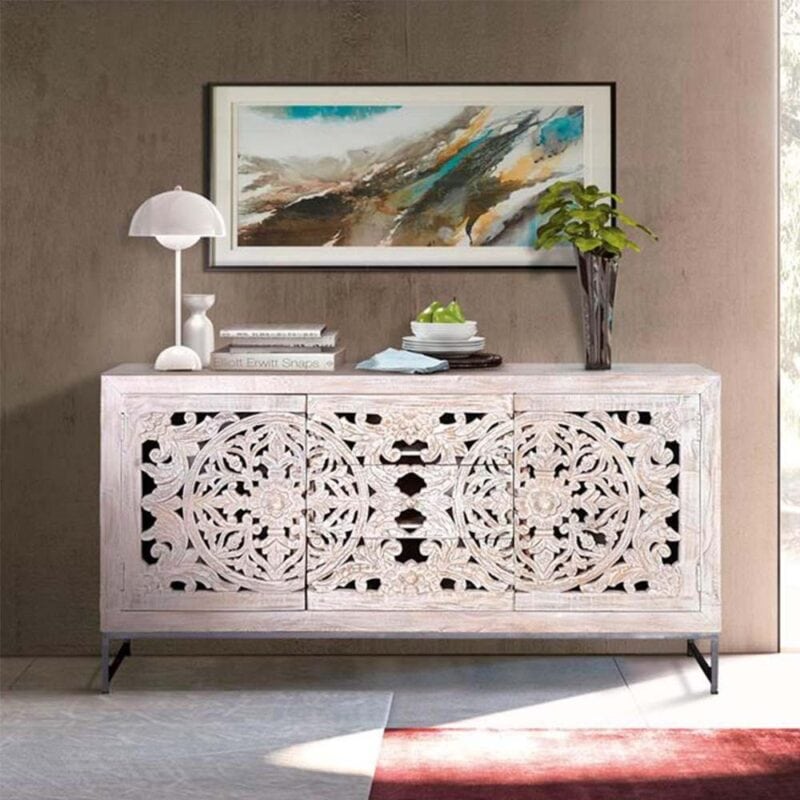 Wide 2-door whitewashed mango wood sideboard